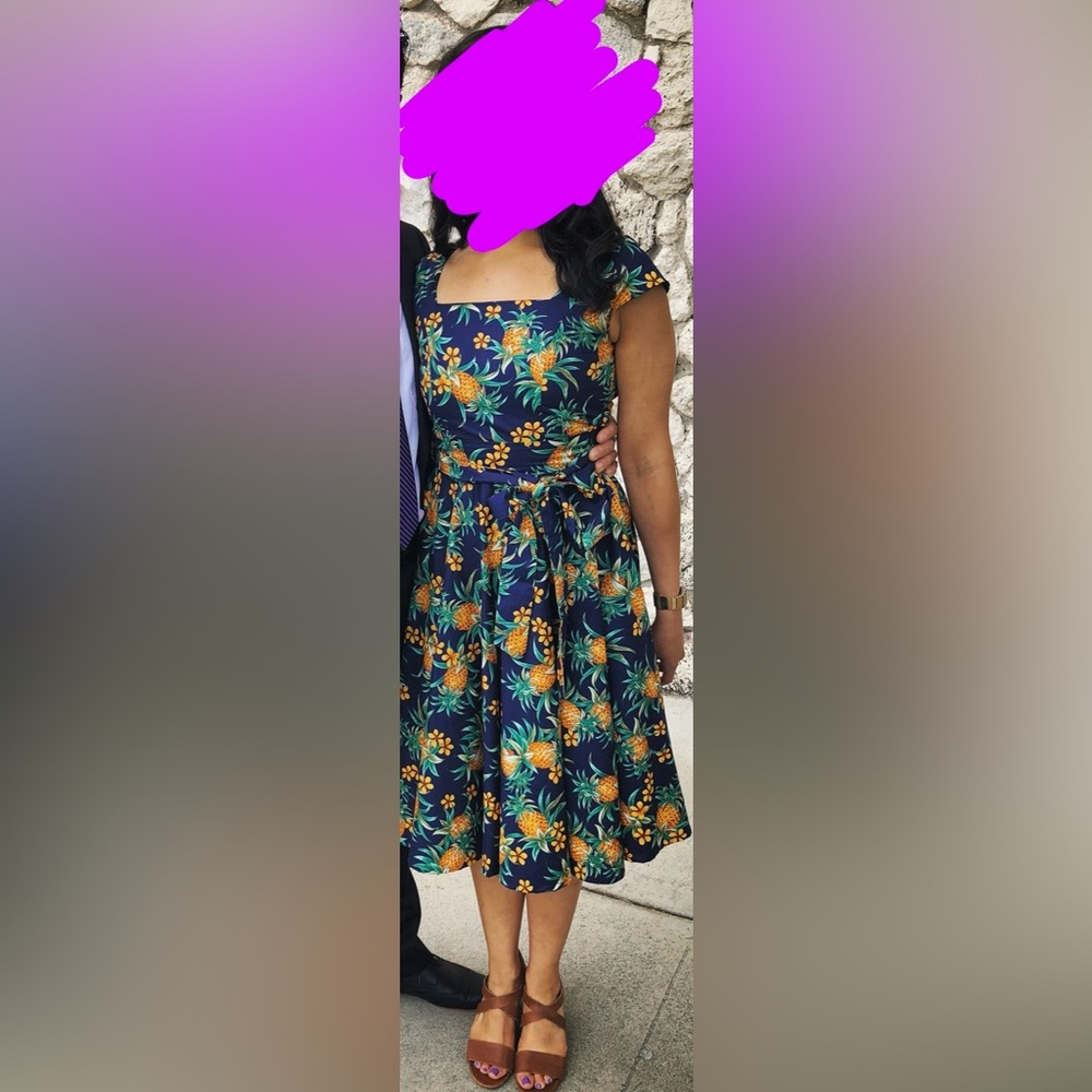 Magnolia Navy and Orange Pineapple Midi Dress